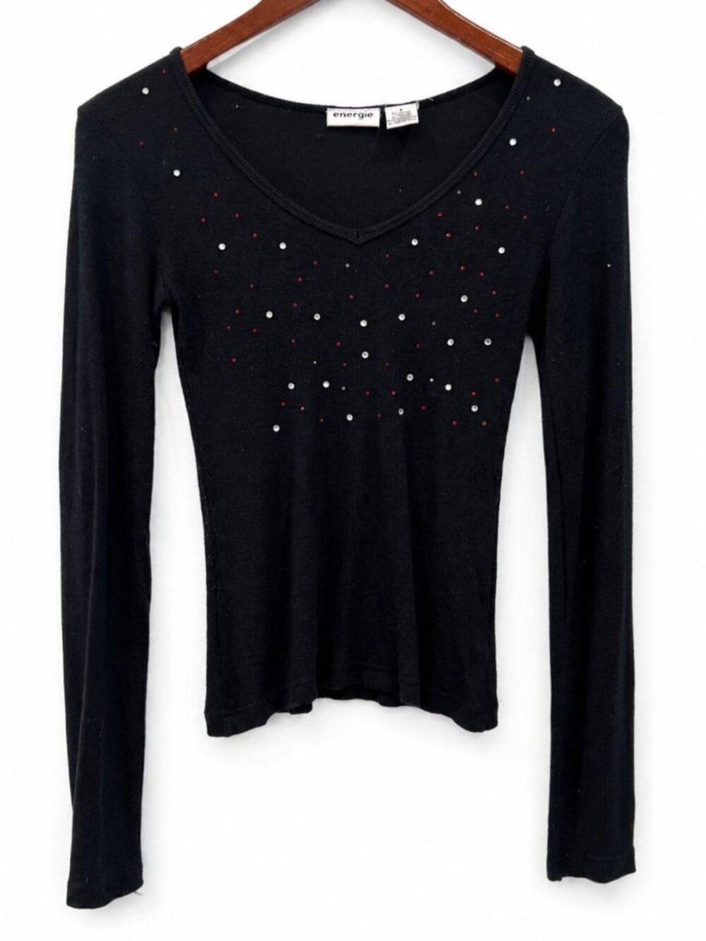 Y2K Black Rhinestone Ribbed Knit V Neck Long Sleeve Top, Women's Size XXS/XS